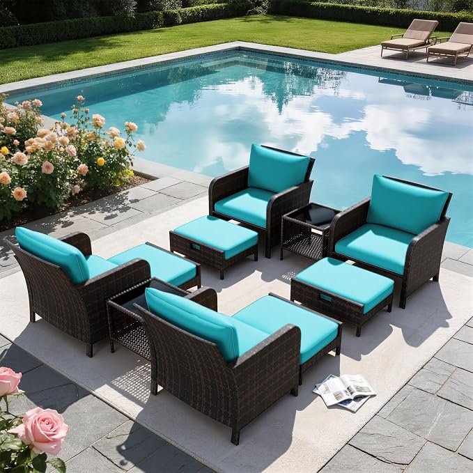 LEVELEVE Patio Conversation Set 5 Piece, Balcony Furniture Outdoor PE Rattan Wicker Lounge Chairs with Soft Cushions, 2 Ottomans & Glass Table for Porch Lawn, Brown (Lake Blue Cushions