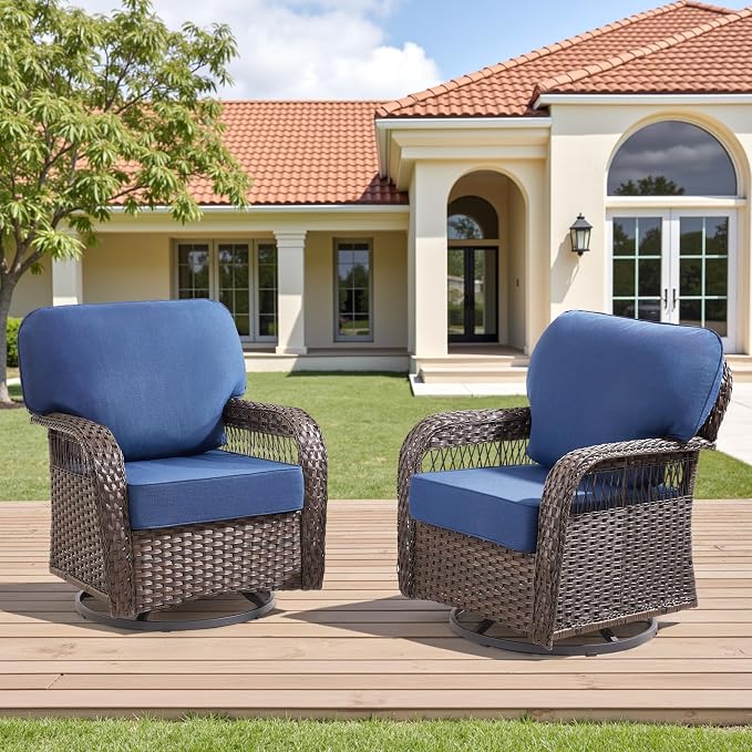 Wicker Swivel Rocker Patio Chairs, Patio Wicker Chairs Swivel Rocker Set of 2 All Weather Glider Rocking Chair Outdoor Conversation Furniture Set for Deck Porch Garden Backyard, Blue