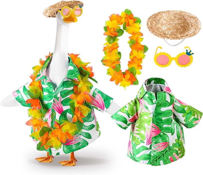 DECOHS 4 Pcs/Set Hawaiian Porch Goose Outfits, Summer Lawn Goose Costume, Yard Goose Clothes Hawaiian Wreath with Straw Hat Glasses for 23" Statue Patio Garden Decoration