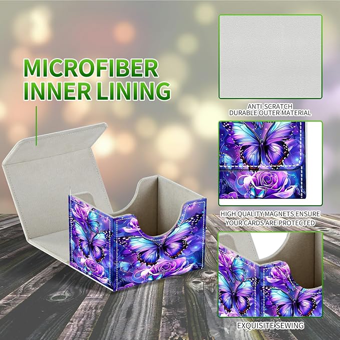 Card Deck Box for MTG, Cards Storage Box Fits 120+ Sleeved, Leather Small Size Strong Magnetic Closing Card Case for Board Games Magic TCG CCG Baseball Collection, Purple Butterfly Flower