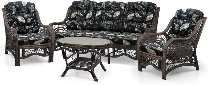 Malibu Lounge Set of 4: 2 Natural Rattan Wicker Chairs, Three-Seater Sofa and Coffee Table with Glass Handmade, Dark Brown Color with Black Leaf Cushions