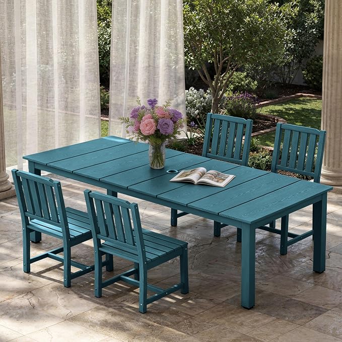 AreShark 5-Piece Outdoor Dining Set,HDPE Patio Table with 4 Armless Chairs,All-Weather Patio Furniture Set with Umbrella Hole,Low Maintenance Wood Grain Dining Set for Backyard,Garden,Poolside,White