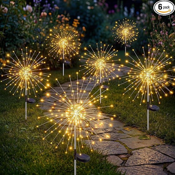 Solar Firework Lights, 6 Pack 120 LEDs 8 Lighting Modes Twinkle Solar Garden Lights Outdoor Waterproof for Yard Patio Walkway Pathway Party Wedding Balcony Decorative- Warm White