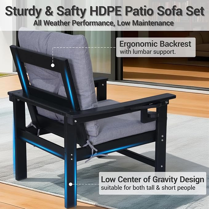 HDPE 7 Piece Patio Furniture Set, Outdoor Sectional Sofa with Coffee Table, Side Table and Seat Cusions, Patio Conversation Set for Party, Backyard, Porch, Deck, Poolside, Black & Grey