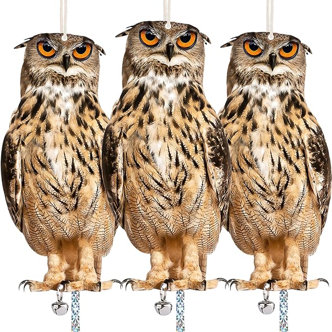 Owl to Keep Birds Away, 3 Pack Bird Scare Owl Fake Owl, Reflective Hanging Bird Decoration, Dual-Side Printed Owl to Keep Birds Pigeon Away from Patio Garden