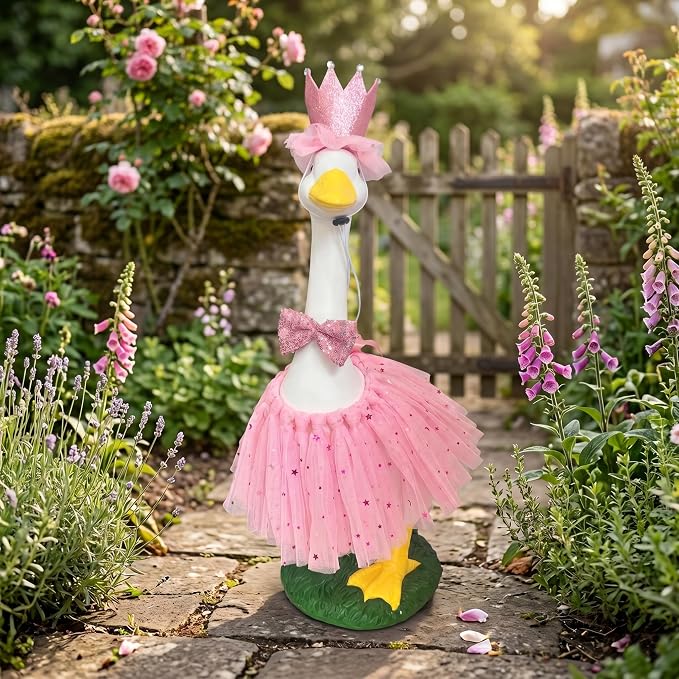 Porch Goose Statue Garden Décor - 20″ Large Porch Goose Statues with Crown Pink Skirt, Resin Animal Figurine Indoor or Outdoor Decor for Patio,Entryway Accent,Housewarming Birthday Gifts for Mom Women