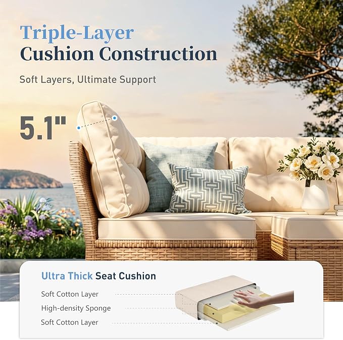 SUNSHINE VALLEY Patio Furniture Set, 6 Piece Wicker Outdoor Patio Conversation Set, Outside L-Shaped Sectional Sofa Couch with Chaise Lounge and 2 Ottomans, 1 Height Adjustable Table for Lawn