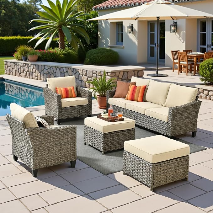 CAODOC 5 Pcs Patio Conversation Set for 7 Seats, Rattan Wicker Outdoor Patio Furniture Set, 2 x Single Chair, 2 x Ottoman, 3-Seat Sofa for Lawn Garden Backyard(Dark Grey)