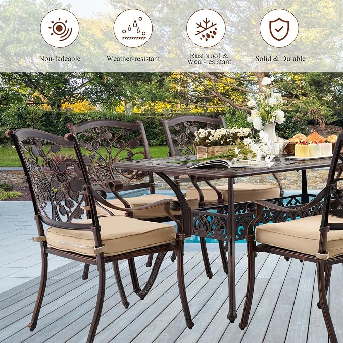 7-Piece Cast Aluminum Outdoor Dining Set, Copper Red Patio Furniture for 6 Includes 60" Rectangular Dining Table and Unique Strawberry & Leaf 6 Stackable Chairs with Cushions & Umbrella Hole