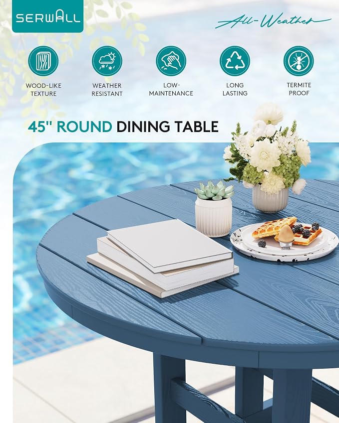 SERWALL 6-Piece Patio Dining Sets with Umbrella, HDPE Outdoor Table and Chairs Furniture Set, 45" Round Dining Table & 4 Adirondack Dining Chairs & 1 9FT Umbrella, Navy(Not Include Umbrella Base)