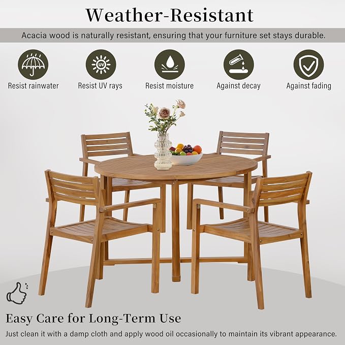 5-Piece Outdoor Patio Dining Set, All-Weather Acacia Wood 47.2" Round Dining Table with 4 Armchairs and Slatted Design for Backyard, Balcony, Garden, Poolside (Natural-4.11)