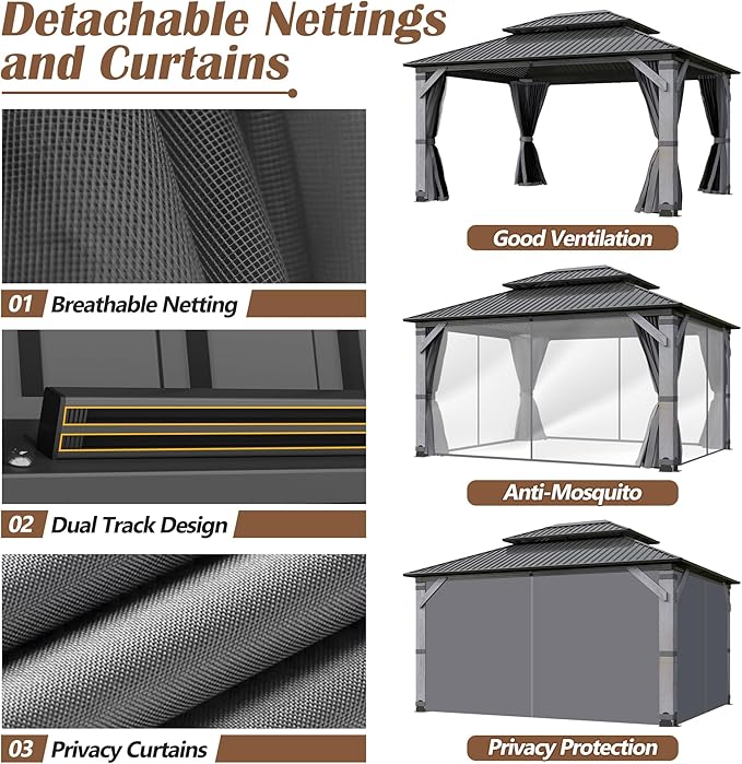 12' x 16' Wood Gazebo, Outdoor Cedar Wood Hardtop Gazebo with Galvanized Steel Doule Roof, Wooden Frame Gazebos with Netting and Curtains for Patio, Backyard, Deck