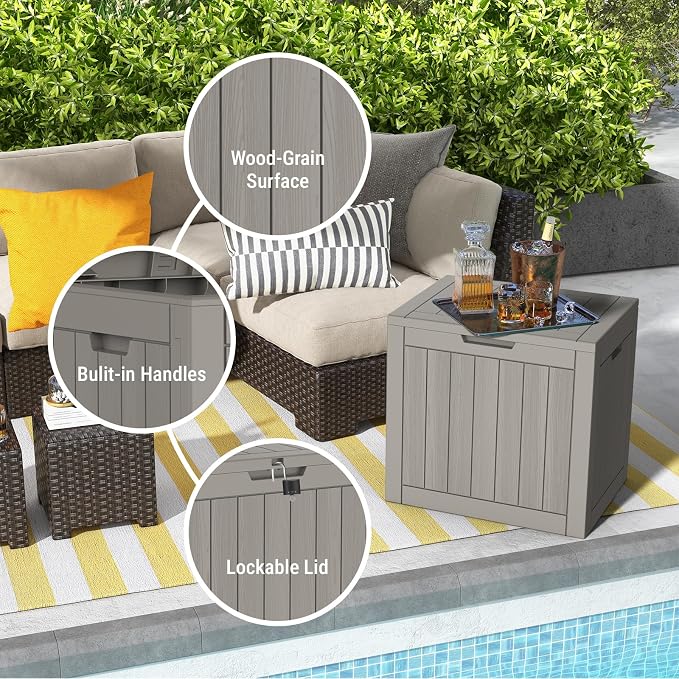 Mars Villa 31 Gallon Deck Box, Waterproof Weatherproof and UV Resistant Resin Storage Bin with Lockable Lid, for Outdoor Patio Furniture Cushions, Pool Supplies, Garden Tools, Grey