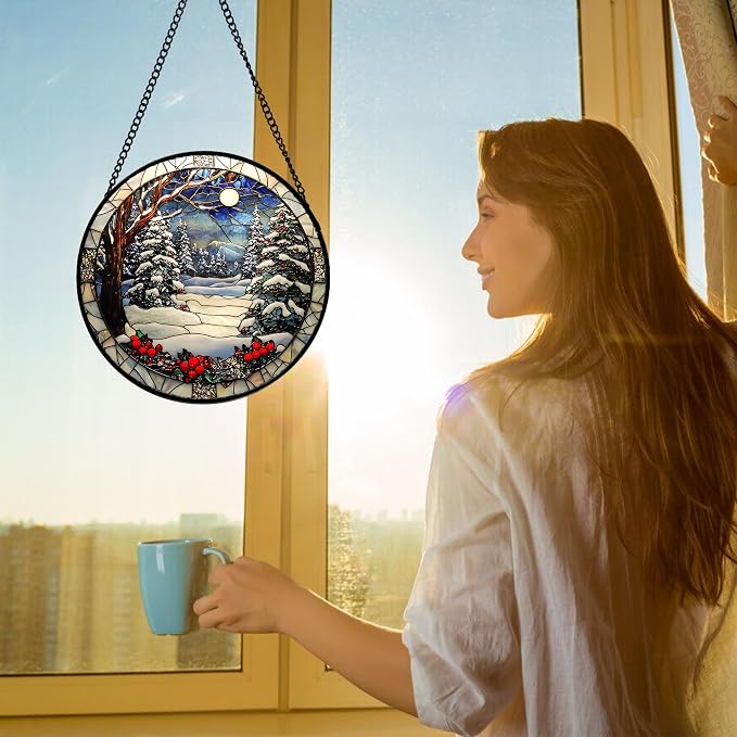 DASTOLL Stained Glass Window Hanging Christmas Tree Winter Snow Night Scenery Large 11.8" - Suncatcher Door Garden Kitchen Sun Catcher Home Decor Birthday for Mom Men Woman Friend