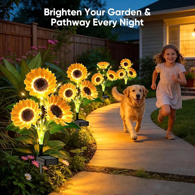 Solar Flowers Outdoor Waterproof: 3 Pack 9 Silk Sunflower Solar Lights with 800mAh Battery 12H Runtime - IP65 Auto On/Off for Garden Yard Patio Lawn Decorations - Unique Gifts for Mom Grandma