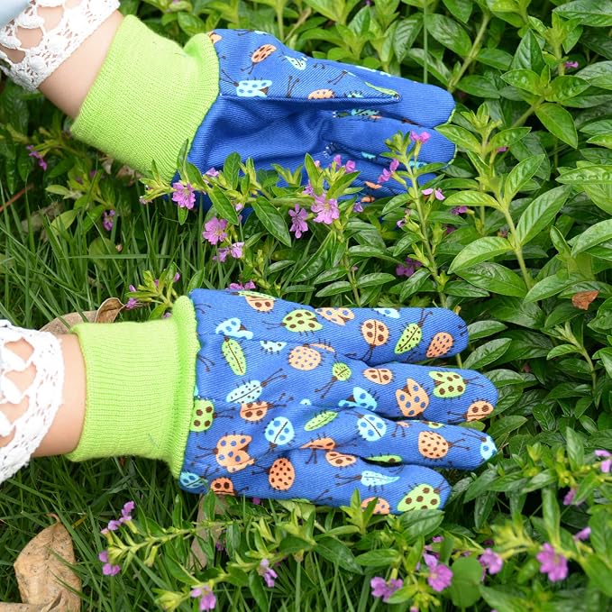 HANDLANDY 2 Pairs Kids Gardening Gloves, Cotton Kids Work Gloves, Green, M | Girls Boys Children Garden Yard Work Play Cycling Gloves with Knit Wrist, Cute Pattern, Gift