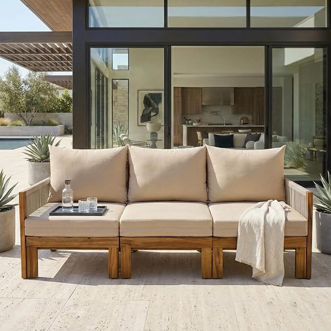 JIVOIT Outdoor Patio Daybed with Rope-Woven Armrests, Convertible Outdoor Sleeper Sofa with Acacia Wood Frame, 3 Seat Patio Sunbed for Backyard, Pool (Brown/85)