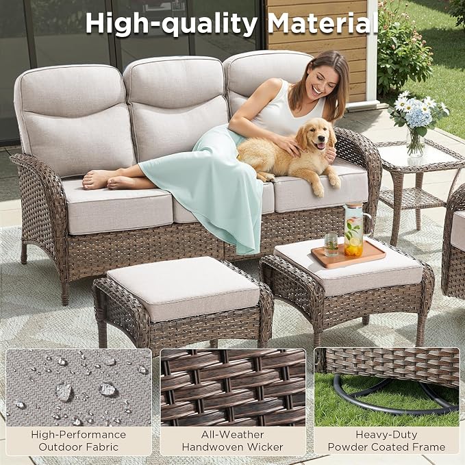 Luxury Outdoor Patio Furniture Set with 6-Inch Thick Cushions, 9 Pieces Wicker Outdoor Furniture with High Back Swivel Patio Chairs Set of 4, Outdoor Patio Conversation Set for Deck Garden, Beige