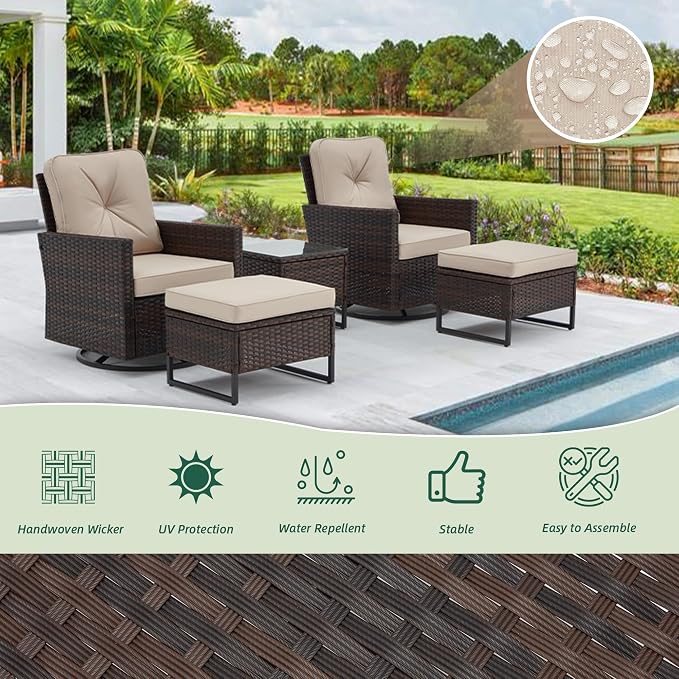 AVAWING 5 PCS Patio Swivel Rocking Chairs Set with Ottoman, Outdoor Wicker Furniture with Rattan Side Table, 360° Swivel Chairs for Garden, Porch, Backyard, Beige/Brown Wicker
