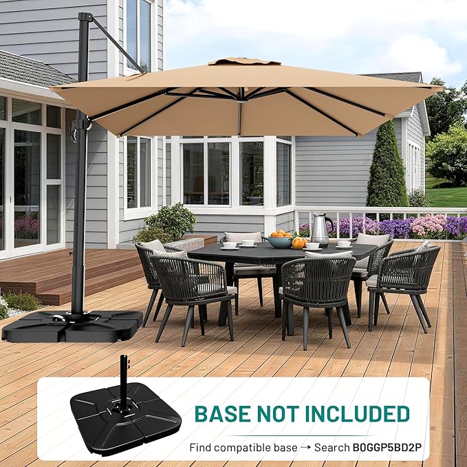 AreShark 10 X 10 FT Cantilever Patio Umbrella, 360-Degree Rotation Square Hanging Offset Umbrella with Crank, Heavy Duty Patio Umbrella for Patio, Pool, Garden, Deck, Beige