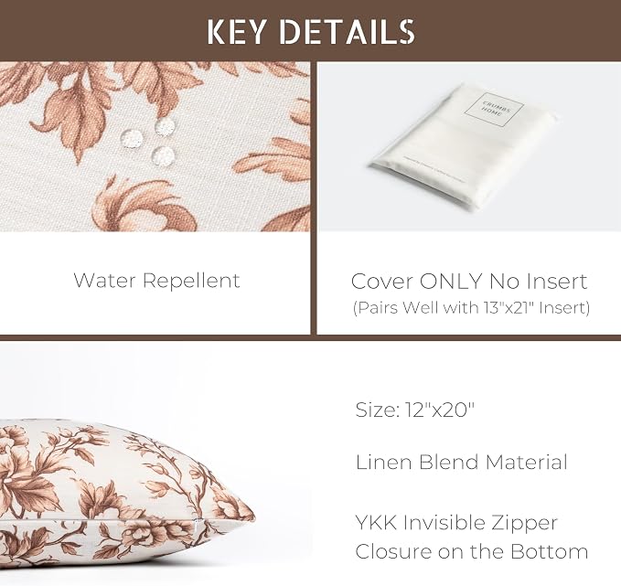 Modern Farmhouse California Casual Indoor Outdoor Lumbar Pillow Cover, 12"x20" Water Repellent for Patio, Backyard, Couch, Poolside, Cocoa Brown Print Vintage Chinoiserie Floral