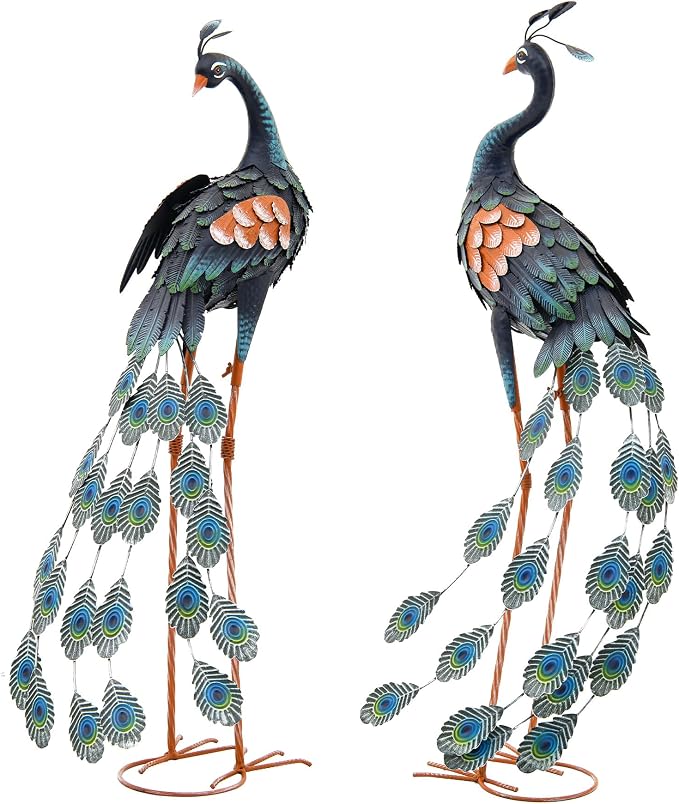 36" Peacock Decor Set of 2, Metal Yard Art Hand-Painted | Oversized Garden Statues & Sculptures for Lawn, Flower Beds, Patio, Backyard , Indoor Kitchen & Home Decor,Weatherproof