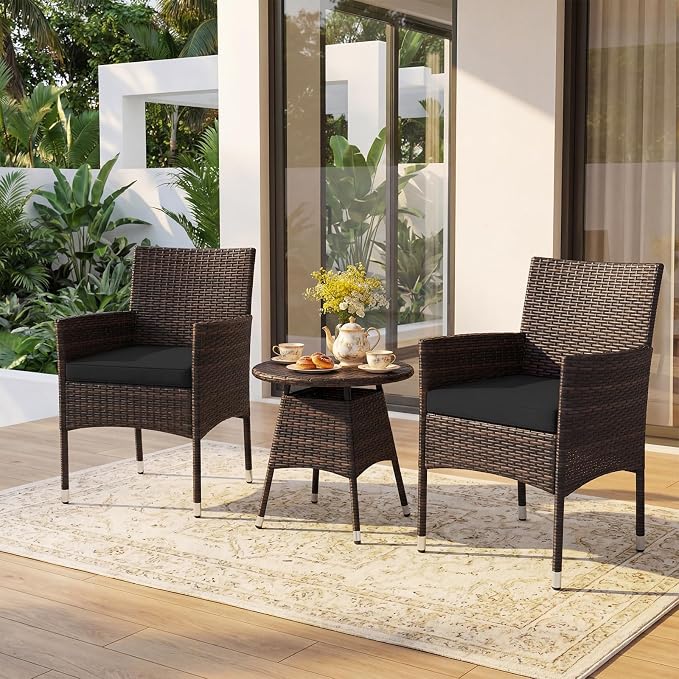 Tangkula 3 Piece Patio Furniture Set, Hand-Woven PE Wicker Conversation Set with Contoured Armchairs, Cushions & Round Coffee Table, Outside Bistro Set for Porch, Backyard, Balcony & Poolside (Black)