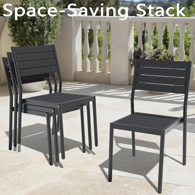 9-Piece Outdoor Dining Set for 8 Person with Black Wood-Grain Top | Armless Stackable Chairs with 19.4" Seat Depth, Aluminum Frame Dining Furniture with Umbrella Hole for Deck, Porch & Backyard