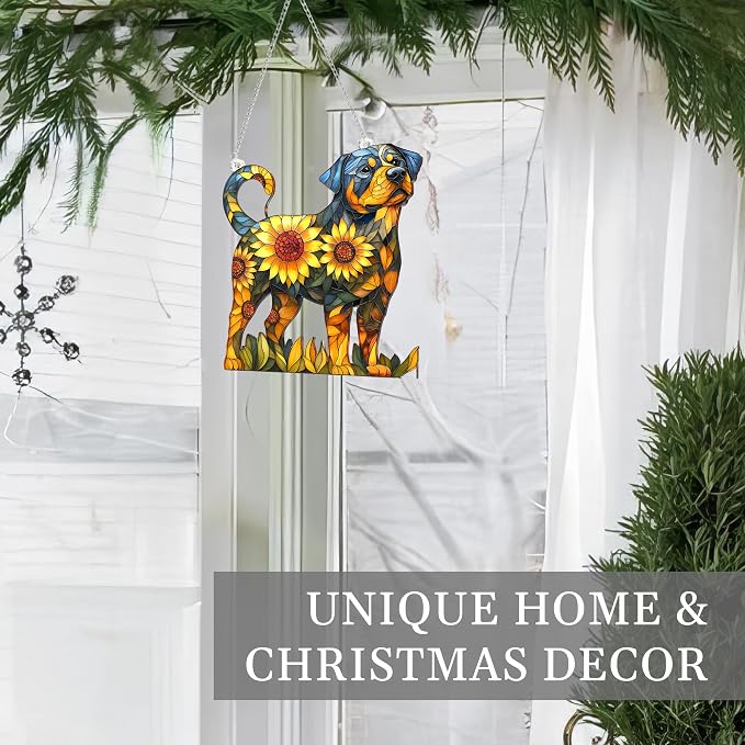 Rottweiler Gifts for Women, Colorful Rottweiler Ornament for Window Hanging | 4.1"x4.1" Acrylic Suncatcher Ornament Faux Stained Glass, Dog Lovers Gifts for Women, Dogs Christmas Ornaments for Tree