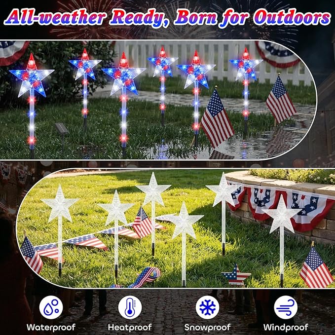 Lewondr 4th of July Decorations Outdoor, 6Pcs 8 Modes Solar Pathway Lights, Red White and Blue Star Solar Lights with 90 LEDs, Waterproof Fouth of July Decor for Yard Garden Independence Memorial Day