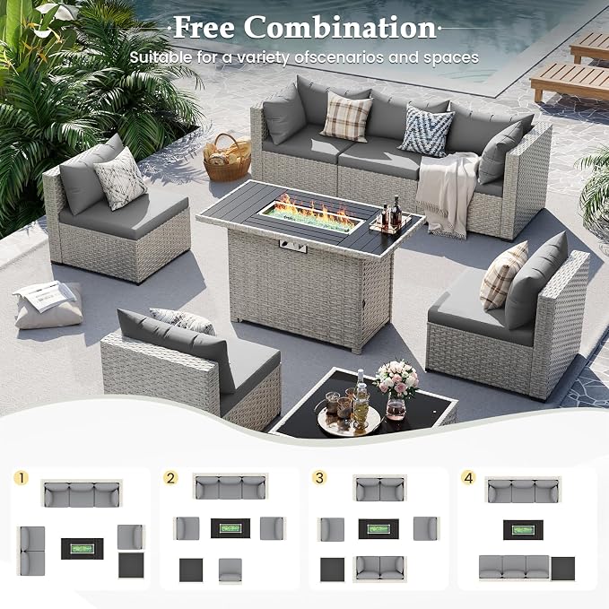 UDPATIO Patio Furniture Set with Fire Pit Table, 8 Pcs Outdoor Sectional Sofa, PE Wicker Patio Conversation Set for Garden, Backyard (Grey Cushions with Light Grey Rattan)