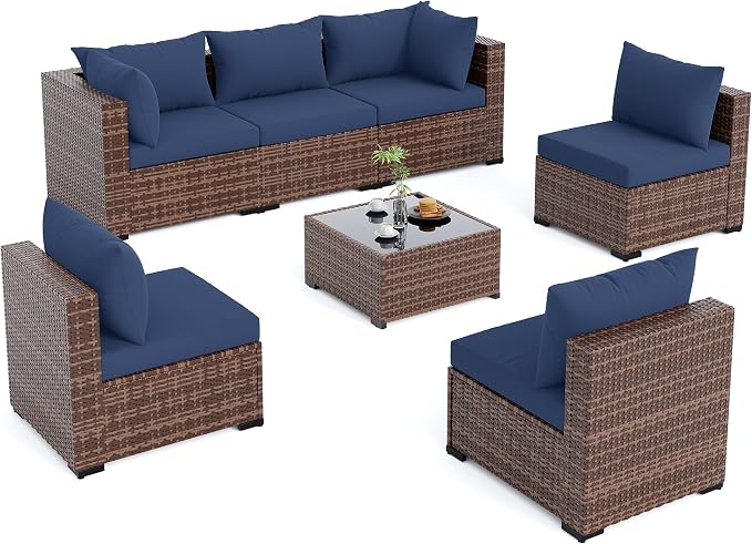 Amopatio Patio Furniture Set, Modular Outdoor Sectional 7 Piece Wicker Patio Set, Multiple Combinations Outdoor Furniture with Glass Coffee Table, Navy Blue