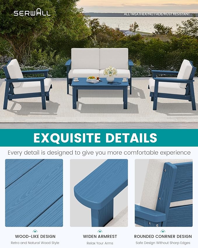 SERWALL HDPE Outdoor Furniture Set, 7 Piece All Weather Wood-Like Outdoor Sofa Sectional Couch, Blue Patio Furniture Set with Khaki Cushions