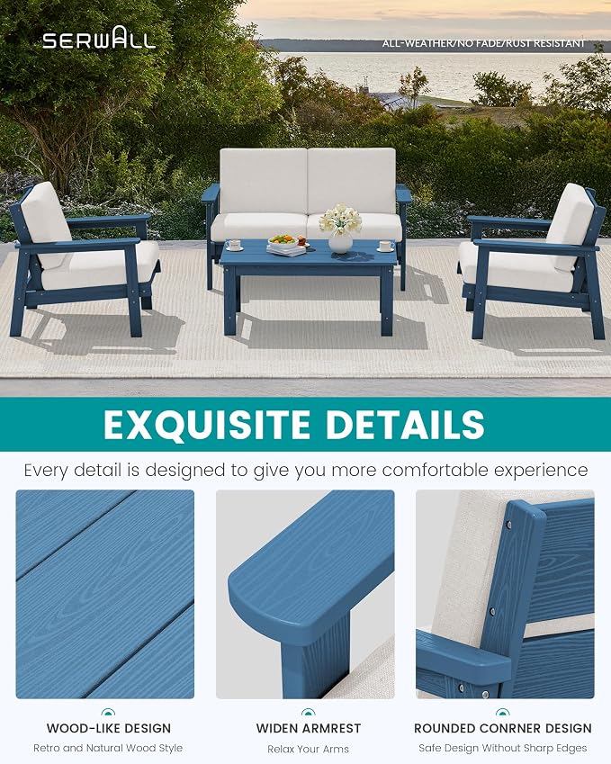 SERWALL HDPE Outdoor Couch Set of 2, Blue Frame and Khaki Cushion