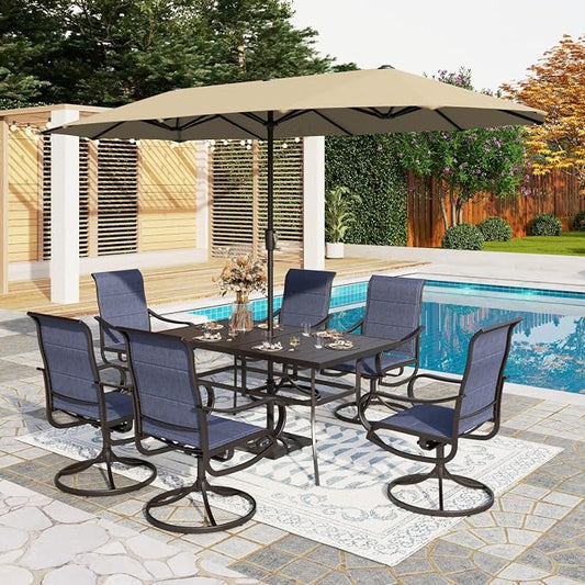 PHI VILLA 8 Piece Patio Dining Set with 13ft Patio Umbrella (Beige), 6 Outdoor Padded Swivel Dining Chairs & 1 Large Metal Dining Table for Lawn Garden Backyard (No Umbrella Base)