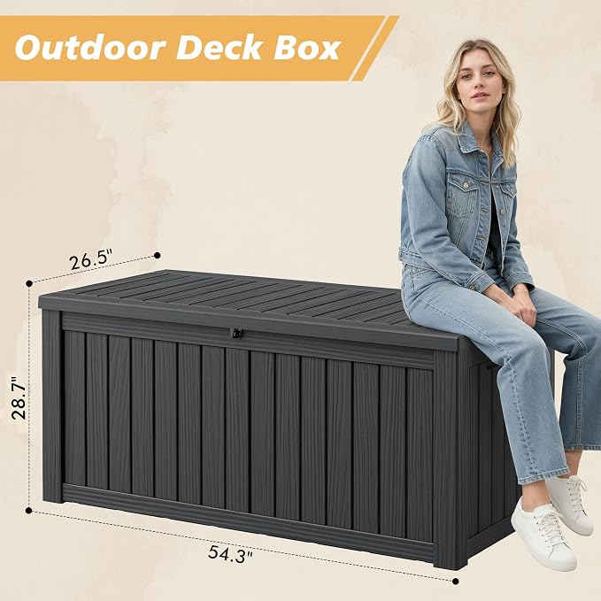 Fancyango 180 Gallon Outdoor Deck Box Waterproof, Large Storage Box for Patio, Resin Storage Bench Lockable for Garden Tools, Package Delivery, Black