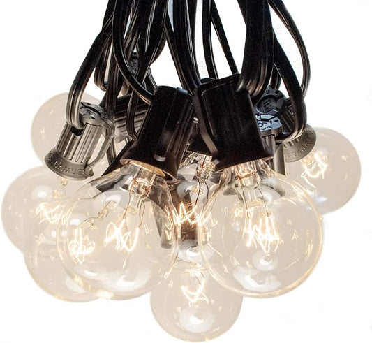 50 Foot Globe String Lights - Set of 50 G40 Clear Bulbs - Black Wire | (+ 2 Free Spares) for Patio Deck Gazebo Cafe and Party Lighting