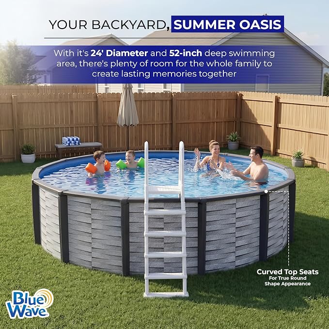 Blue Wave Affinity 24-ft Round 52-in Deep Hard Sided Above Ground Pool with Resin Top Seats & Verticals, 1.5 HP Dual-Speed Sand Filter System, Ladder, Liner, Skimmer & Maintenance Kit – 12,600 Gal Cap