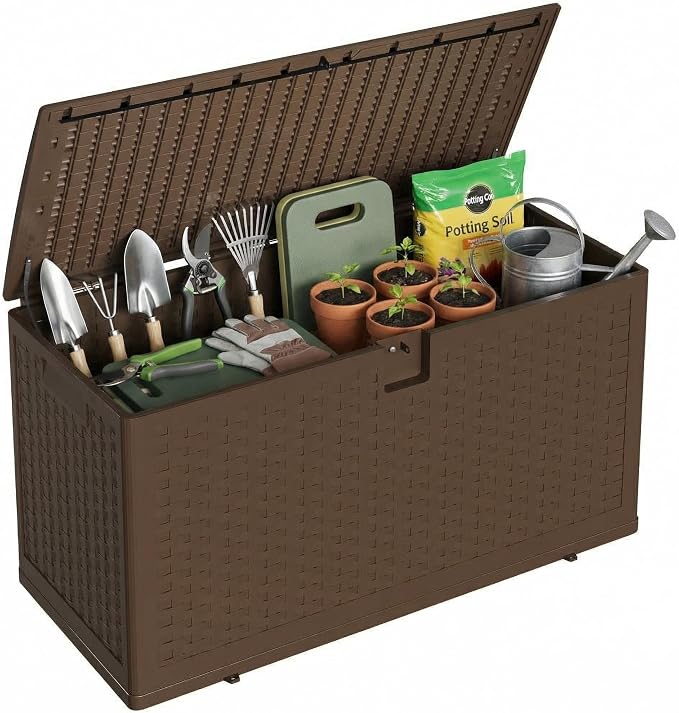 Jojoka Brown Resin Deck Box, Waterproof & Lockable Outdoor Storage Box, Patio Square Container for Package Delivery, Furniture Cushions, Garden Tools and Pool Accessories