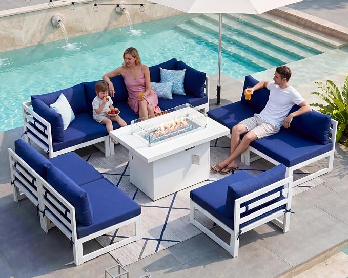 NICESOUL 9 Pcs Large Modern Aluminum Outdoor Sitting with Fire Pit Table, 29" Deep Wide Seater, 500 lbs Durable Sectional Sofa for Heavy People, All-Weather Patio Furniture Set for Backyard, Navy Blue