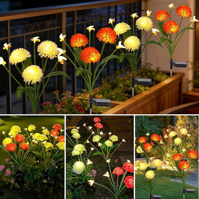 Solar Garden Lights Outdoor 4 Packs Solar Swaying Bee Lights with Fake Flowers Waterproof Firefly Light Flower Fairy Lights Outdoor Patio Yard Pathway Decoration Ideal Gifts for Women Mother's Day