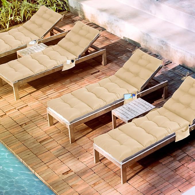 Kigley Outdoor Chaise Lounge Cushions with 3 Side Pocket 74.5 x 22 x 4.7 Inch Patio Chaise Lounge Cushion, Water-Repellent and Fade-Resistant Tufted Summer Replacement(1 Pcs,Beige,Solid Color)