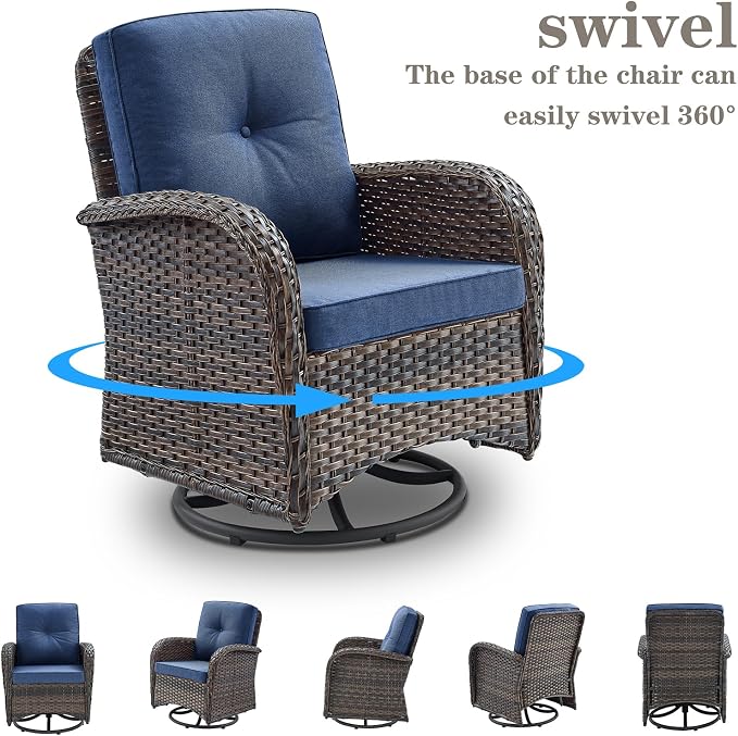 Belord 6 Piece Patio Conversation Sets - Wicker Patio Furniture Sets with Outdoor Swivel Rocker Chairs, Glider Loveseat Perfect for Patio Deck Backyard, Brown Wicker Blue Cushion