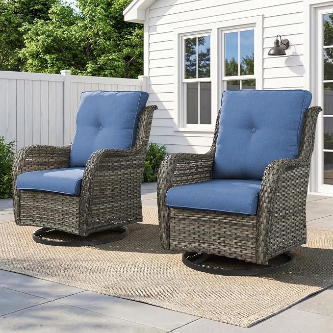 Belord Outdoor Swivel Chairs Set of 2,Patio Wicker Rocker Chairs,All Weather Patio Conversation Furniture Set, Ideal for Porch Balcony Deck Yard, Gray Wicker/Blue