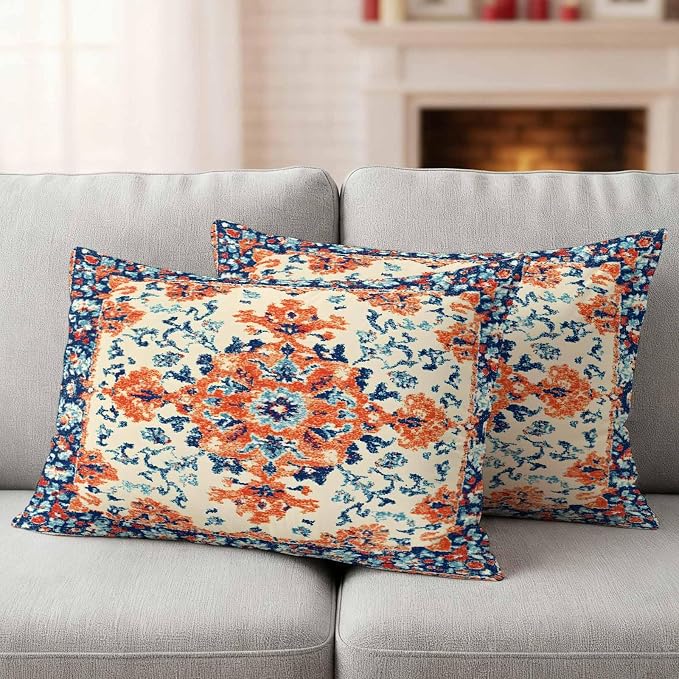 Retro Ethnic Leaves Outdoor Waterproof Throw Pillow Covers Set of 2, 20"x12", Flowers Orange Blue Texture Decorative Pillow Covers Outside Cushion Case for Patio Porch Garden