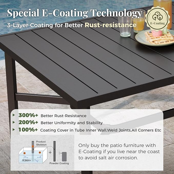 MIXPATIO 9 Pieces Patio Table and Chairs Set, Patio Dining Set for 8, 8 Brown Textilene Chairs and 83” Rectangular Patio Dining Table with Umbrella Hole, for Deck Backyard Lawn Poolside