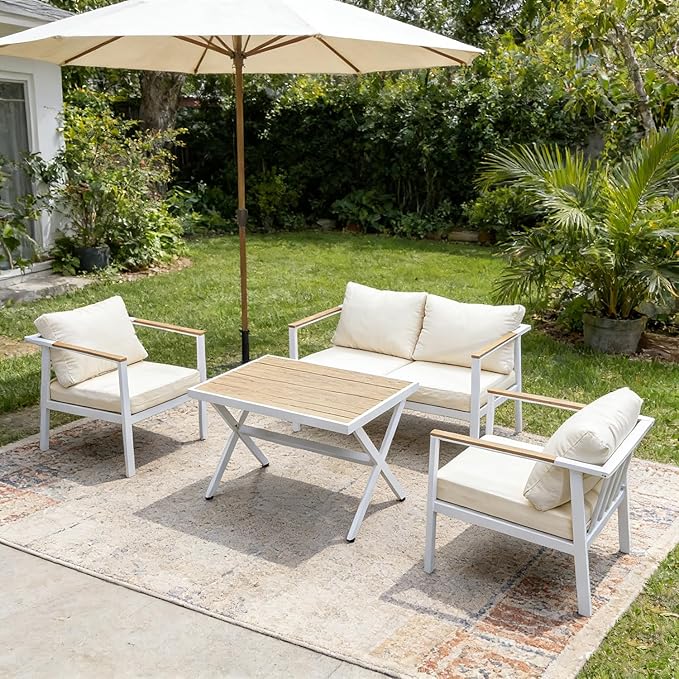 Aluminum Patio Sectional Furniture Set,4 piece Patio Conversation Sets Outdoor Patio Furniture Set Sofa with Coffee Table & Washable Cushions White