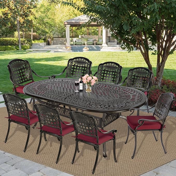 MEETWARM 9-Piece Outdoor Furniture Dining Set, All Weather Cast Aluminum Patio Garden Set with 1 Oval Table, 8 Chairs, 8 Cushions, 2" Umbrella Hole, Dark Bronze, Chili Red
