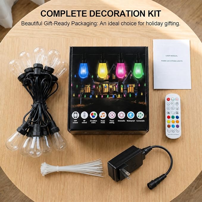 Outdoor String Lights 50FT, RGBW Clear ST14 Bulbs with App Control | 20 ST14 clear bulbs with app control, remote control, music mode, timer for backyard, pergola, deck and gatherings