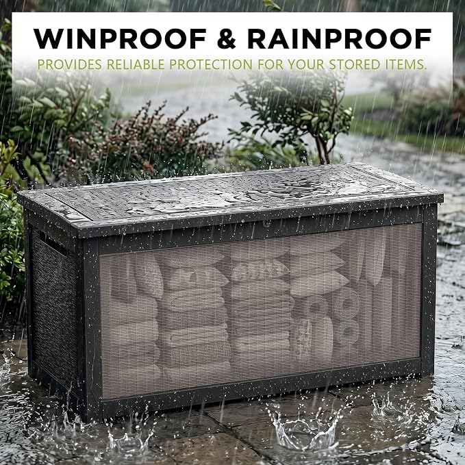 PatioZen 330 Gallon Outdoor Storage Box, Heavy Duty Resin Large Deck Box Organization for Garden Tools & Pool Accessories, Hydraulic Lift, All-Season UV-Resistant, Black